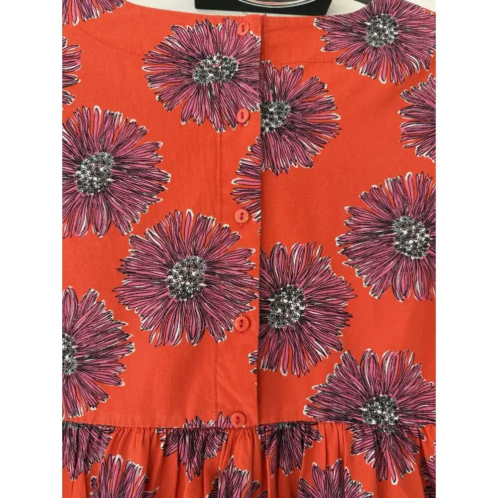 Orange Floral Midi Dress Cottagecore Prairie Empire Waist 3/4 Sleeve Boho S
